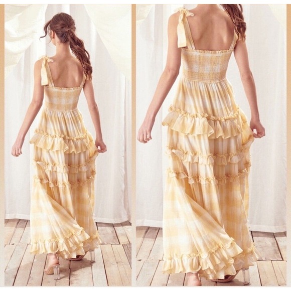 Storia Sunny Days Tiered Layered Plaid Ruffle Smocked Maxi Dress NWT Sz M - Picture 3 of 7